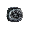 A single ball of variegated yarn with a spiral colour transition from black and charcoal to light grey, featuring subtle white flecks throughout, set against a plain white background.