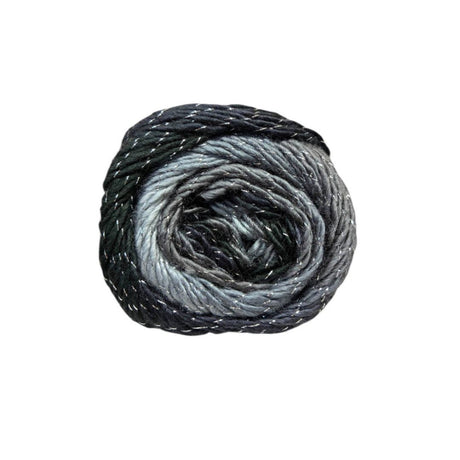 A single ball of variegated yarn with a spiral colour transition from black and charcoal to light grey, featuring subtle white flecks throughout, set against a plain white background.