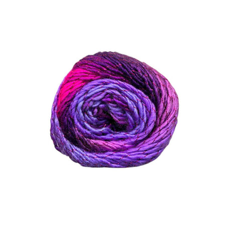 A single ball of variegated yarn with a spiral colour-changing pattern transitioning from bright magenta pink to deep purple and violet, isolated on a solid white background.
