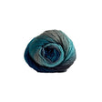 A single ball of variegated yarn with a colour-changing gradient from grey and teal to deep blue, isolated on a solid white background.