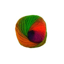 A single ball of variegated yarn with a rainbow colour transition, featuring shades of green, orange, red, purple, and yellow, isolated on a solid white background.