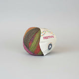 A ball of variegated yarn with stripes of green, orange, pink, and purple, wrapped with a white paper label that reads 'FESTIVAL' and shows the 'Cygnet Yarn' logo, set against a plain white background.