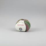 A ball of variegated yarn with green, pink, and yellow tones, wrapped in a white paper label that reads 'FESTIVAL' and shows the Cygent Yarns logo, on a plain white background.