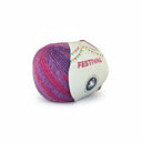 A skein of variegated yarn in shades of purple, pink, and blue, wrapped with a white paper label that reads 'FESTIVAL' and shows the brand 'Cygnet Yarns'.