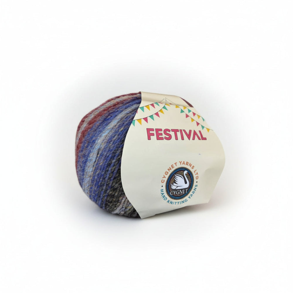A ball of variegated yarn with blue, purple, red, and gray stripes, wrapped in a paper label that reads 'FESTIVAL' and shows the Cygnet Yarns logo, on a plain white background.