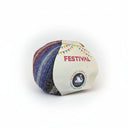 A ball of variegated yarn with blue, purple, red, and gray stripes, wrapped in a paper label that reads 'FESTIVAL' and shows the Cygnet Yarns logo, on a plain white background.