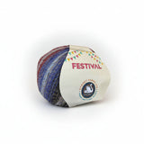 A ball of variegated yarn with blue, purple, red, and gray stripes, wrapped in a paper label that reads 'FESTIVAL' and shows the Cygnet Yarns logo, on a plain white background.
