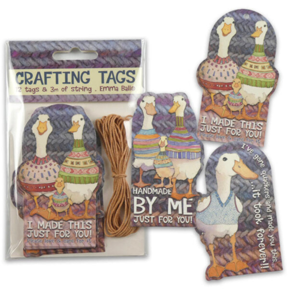 Crafting tags with duck designs and string, branded 'Emma Ball'.