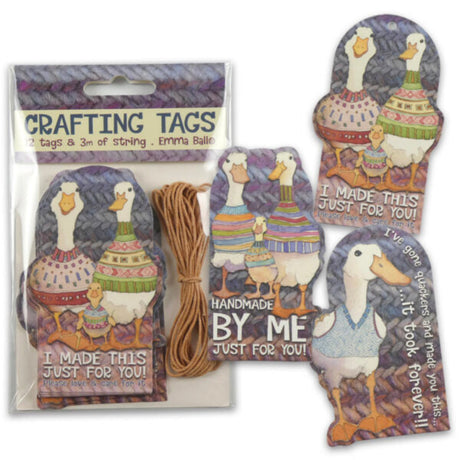 Crafting tags with duck designs and string, branded 'Emma Ball'.