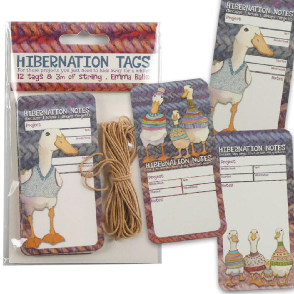 Hibernation tags with ducks and string, packaging displayed.
