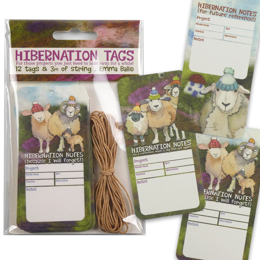 Hibernation Tags packaging with sheep illustrations and string on a white background