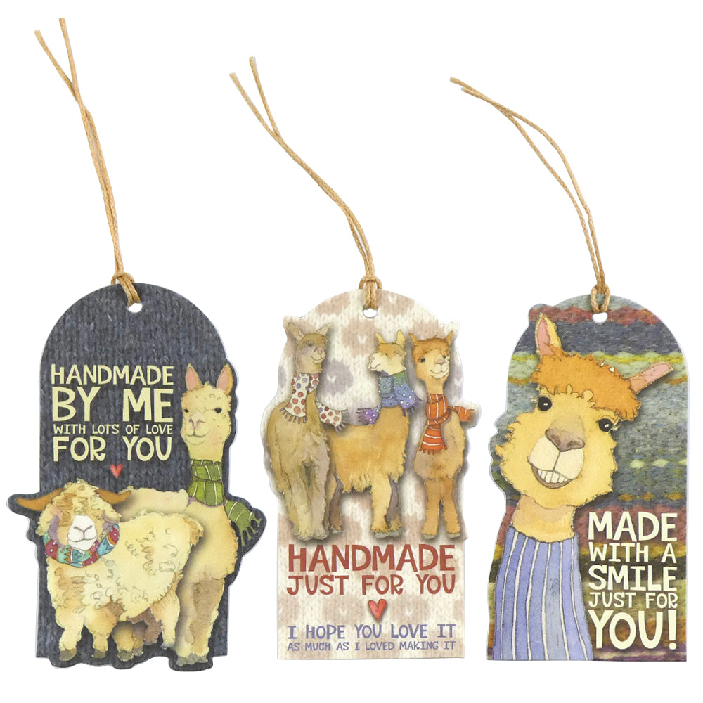 Three decorative gift tags with llama illustrations and text on a white background