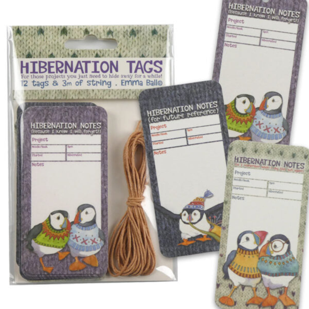 Hibernation tags with puffin design, packaging, and string on a white background