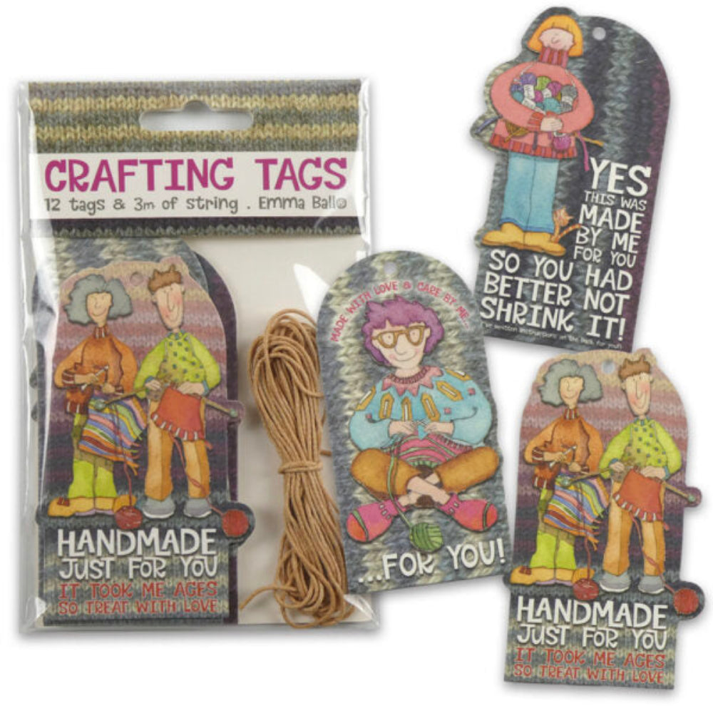 Packaging of crafting tags with cartoon characters and text, including a string and clear plastic packaging.