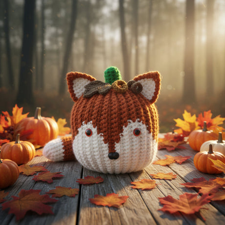 A crocheted fox head plush toy with brown and white yarn, small red eyes, and a green hat, displayed on a rustic wooden surface with three autumn leaves in front against a blue backdrop.