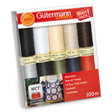 Gutermann thread set packaging with various colours of thread spools.