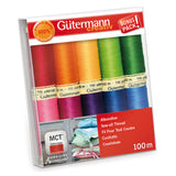 Pack of Gutermann sewing threads in various bright colours on a white background