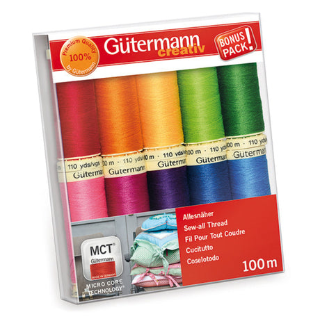 Pack of Gutermann sewing threads in various bright colours on a white background