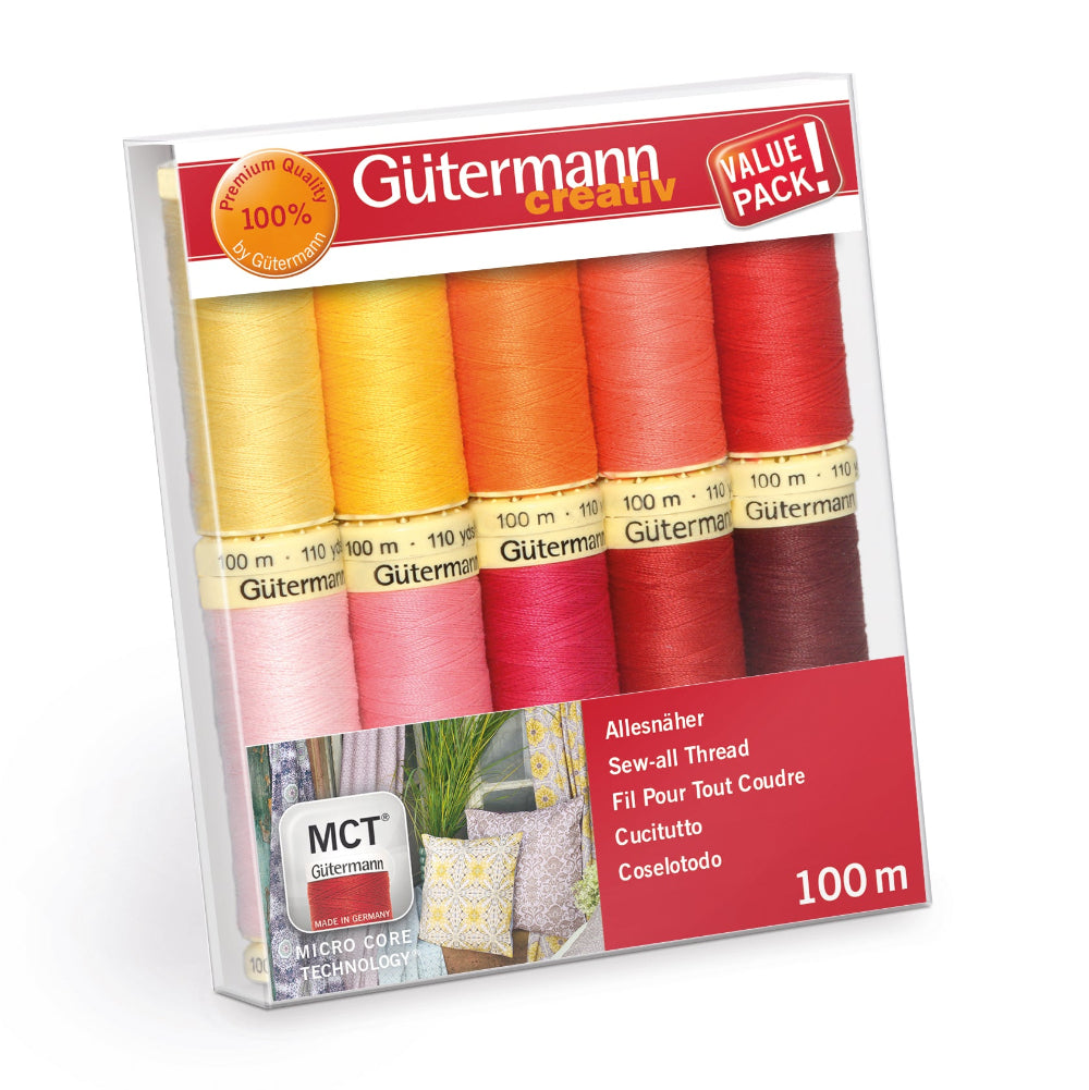 Gütermann Creativ Sew-all Thread Value Pack 100m, containing six different colored spools of thread in yellow, pink, orange, red, and brown, packaged in a clear plastic box with a red and white label.