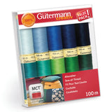 Gütermann Creativ sewing thread value pack in a clear plastic box, showing six spools of thread in light blue, teal, blue, green, yellow-green, and dark green, with red and white packaging text.