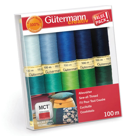 Gütermann Creativ sewing thread value pack in a clear plastic box, showing six spools of thread in light blue, teal, blue, green, yellow-green, and dark green, with red and white packaging text.