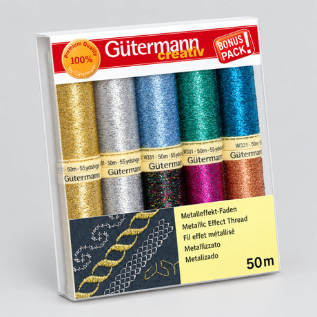 Pack of Gutermann metallic effect thread with colourful spools on a white background
