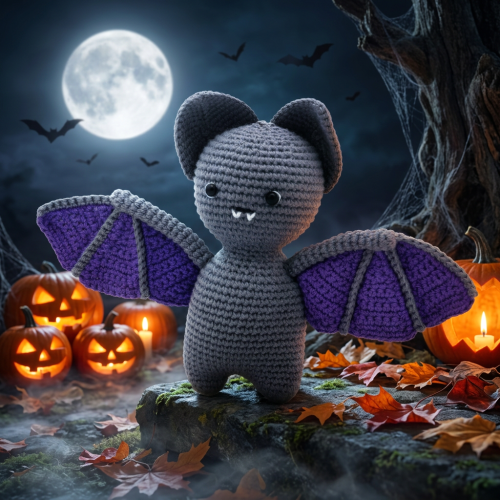 A crocheted toy bat in gray with purple wings, featuring small black eyes, tiny white teeth
