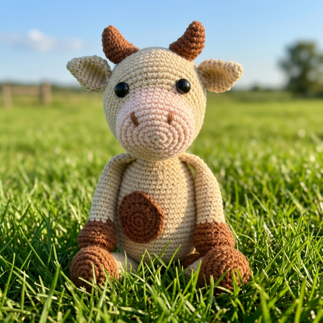 Crocheted toy cow with brown accents on a field background