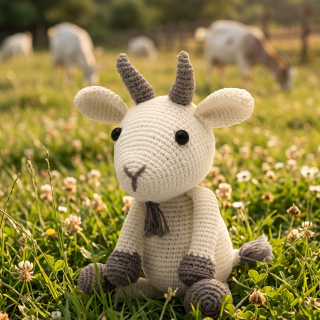 Crocheted toy goat with grey horns and feet on a field background