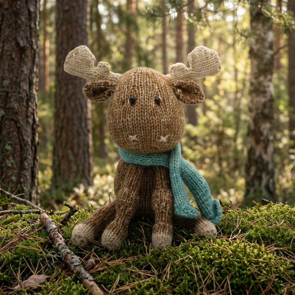 A knitted moose toy with brown and beige knit body, cream-colored antlers and hooves, and a teal knit scarf