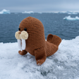 A brown crocheted walrus plush toy with cream-colored tusks and small black eyes, shown on a clean white background.