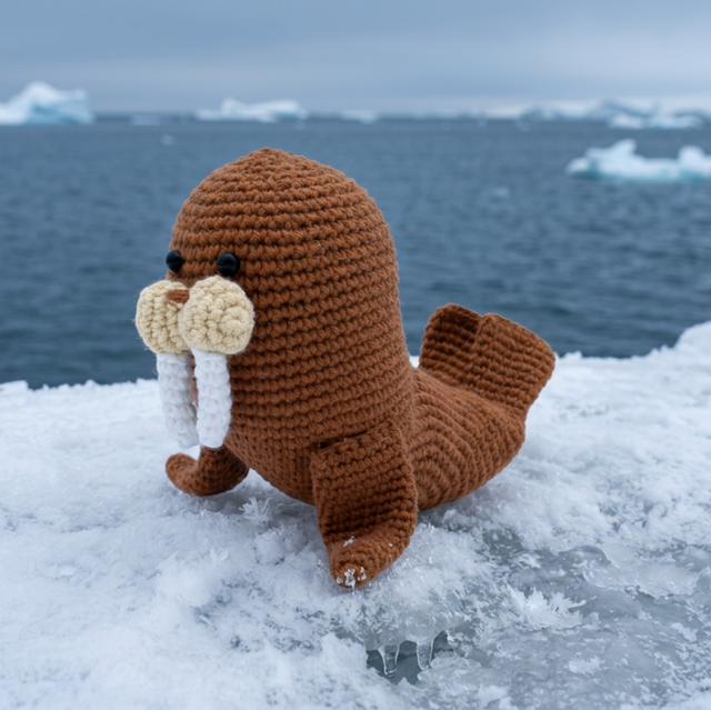 A brown crocheted walrus plush toy with cream-colored tusks and small black eyes, shown on a clean white background.