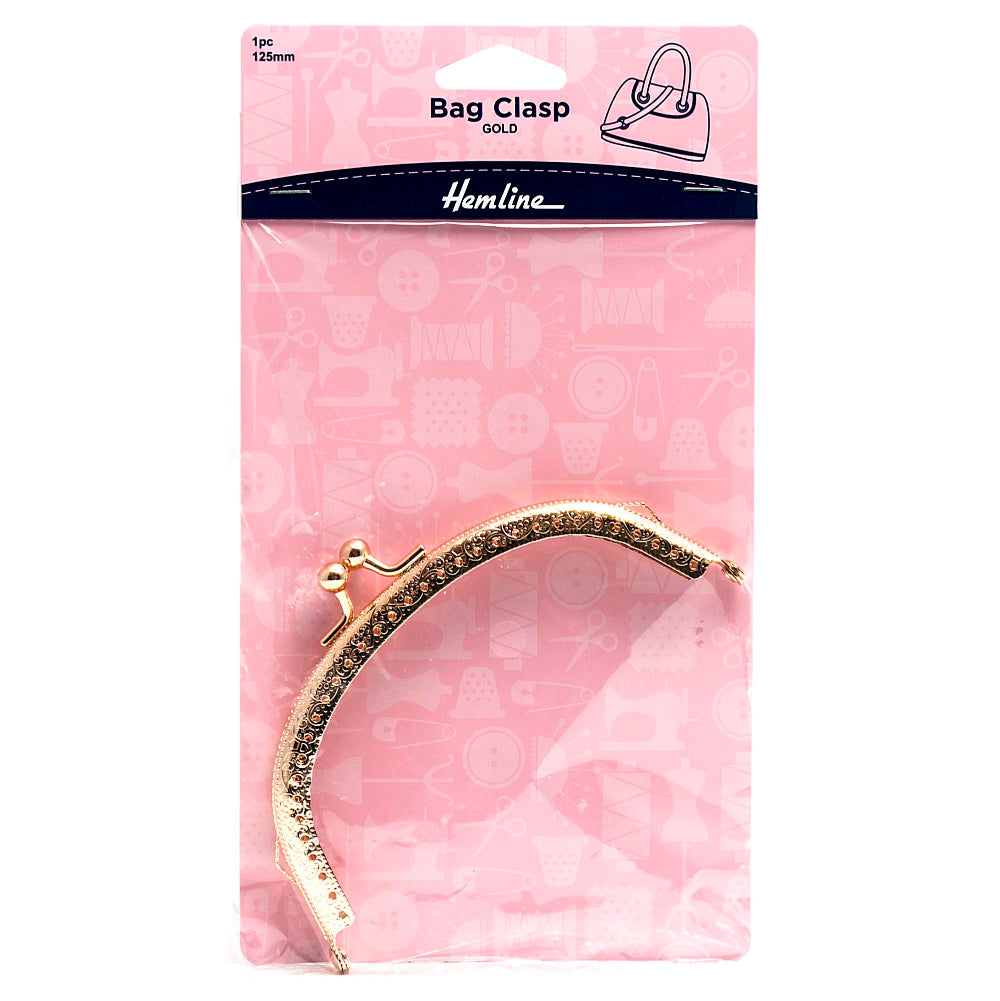 A gold-finished bag clasp with rhinestone trim, packaged on a pink branded card labeled 'Bag Clasp GOLD' and 'Homline'.
