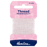 A package of Hemline sewing thread, 10 meters long, wound on a cardboard spool with a pink header card and a navy blue brand label at the bottom.