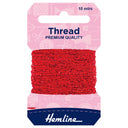 A package of Hemline red sewing thread, 10 meters long, wound around a pink and navy blue cardboard hanger.