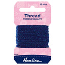 A spool of Hemline premium quality thread in a deep blue color, packaged on a pink and navy blue cardboard hanger with '10 mtrs' printed at the top.