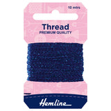 A spool of Hemline premium quality thread in a deep blue color, packaged on a pink and navy blue cardboard hanger with '10 mtrs' printed at the top.