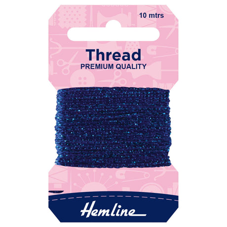 A spool of Hemline premium quality thread in a deep blue color, packaged on a pink and navy blue cardboard hanger with '10 mtrs' printed at the top.