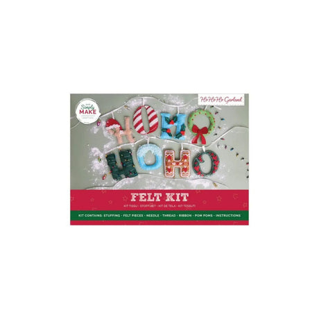 A craft kit package labeled 'HO HO HO' felt kit with festive letter decorations, shown on a white background. The package includes a 'Simply Make' logo and product title 'Felt Kit'.