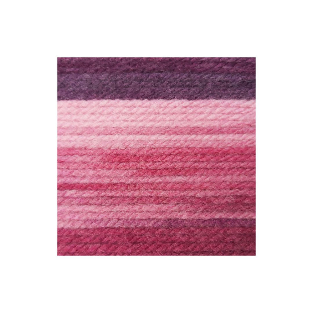 A square fabric or yarn swatch with horizontal stripes in shades of purple and pink, centered on a plain white background.