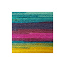 A square close-up of a textured fabric or yarn swatch with horizontal stripes in teal, dark blue, burgundy, bright pink, olive green, and yellow, centered on a plain white background.