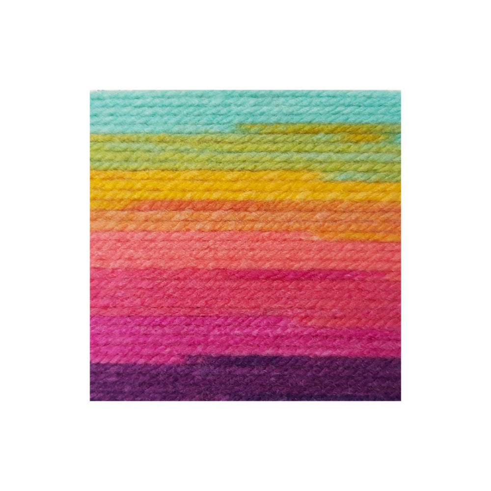 A square textured yarn with horizontal colour bands transitioning from light aqua at the top through yellow, orange, peach, pink, and deep purple, shown on a plain white background.