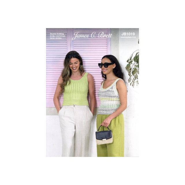 James C. Brett knitting pattern cover,JB1019, featuring two women modeling sleeveless knit tops and light green pants in front of pastel pink shutters.