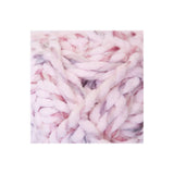Chunky variegated yarn in a soft pastel mix of pink, white, and light purple, shown in a close-up texture shot on a white background.