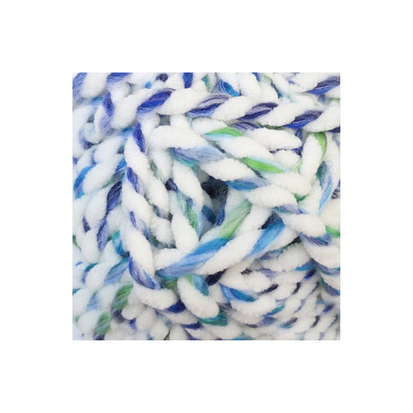 A close-up of thick, fuzzy yarn with a variegated colour pattern of white, blue, and green, presented on a clean white background.