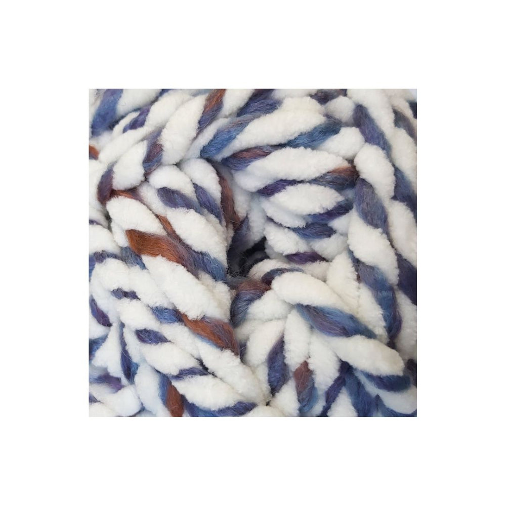 Chunky twisted yarn with a fuzzy texture in white, blue, and brown, presented as a square product shot on a white background.