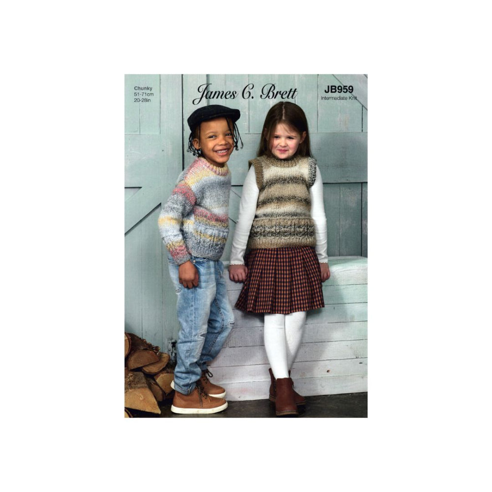 James C Brett Kids Chunky Sweater and Slipover Knitting Pattern JB959