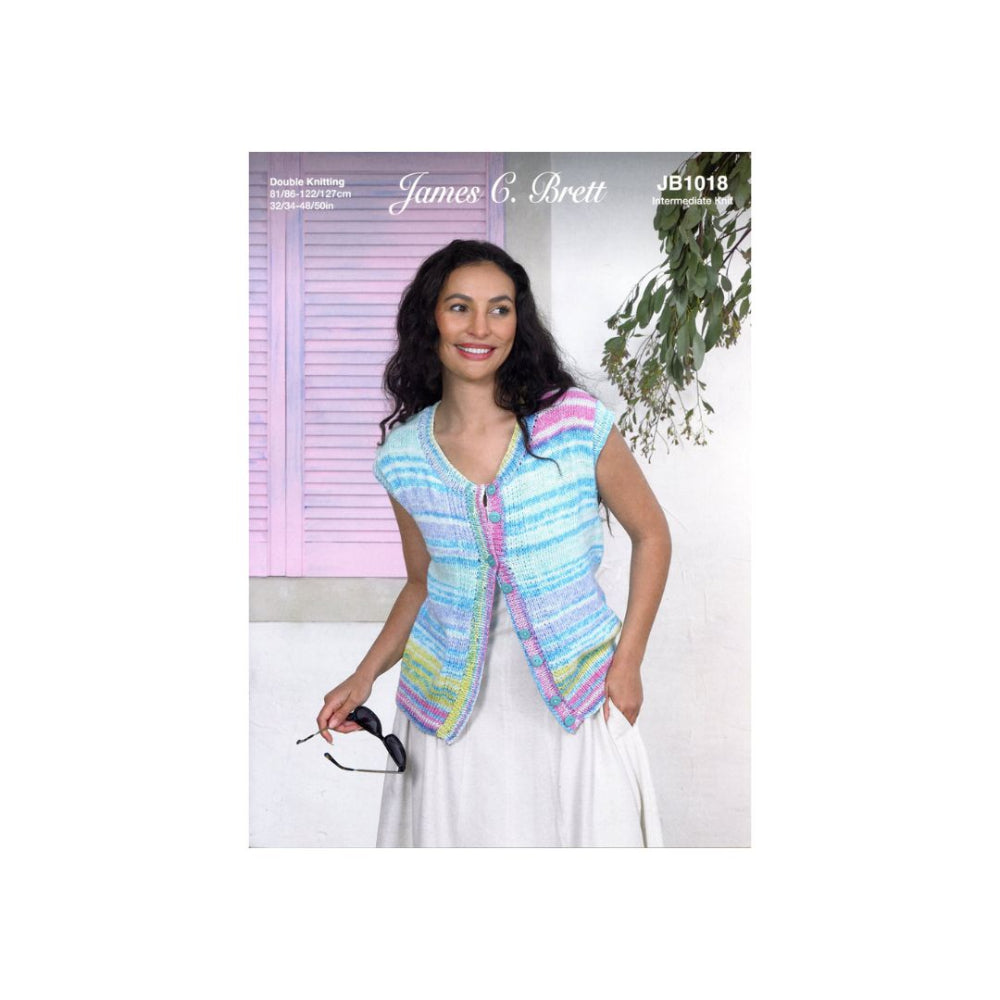 A woman modeling a sleeveless, V-neck knitted waistcoat with a colourful striped pattern in shades of blue, pink, green, and yellow. The waistcoat features a button-up front.