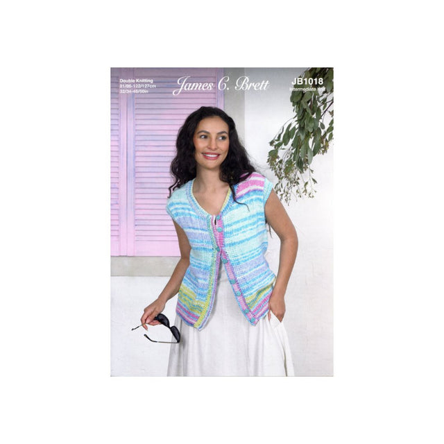 A woman modeling a sleeveless, V-neck knitted waistcoat with a colourful striped pattern in shades of blue, pink, green, and yellow. The waistcoat features a button-up front.