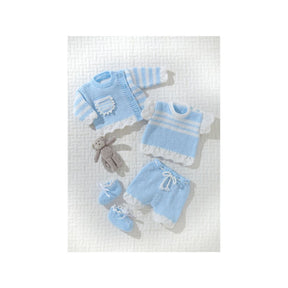 A baby knit clothing set laid out on a textured white background, including a light blue and white striped sweater, a matching top with white lace trim, a pair of light blue shorts with white lace trim and drawstring, a pair of matching booties, and a small gray plush bunny.